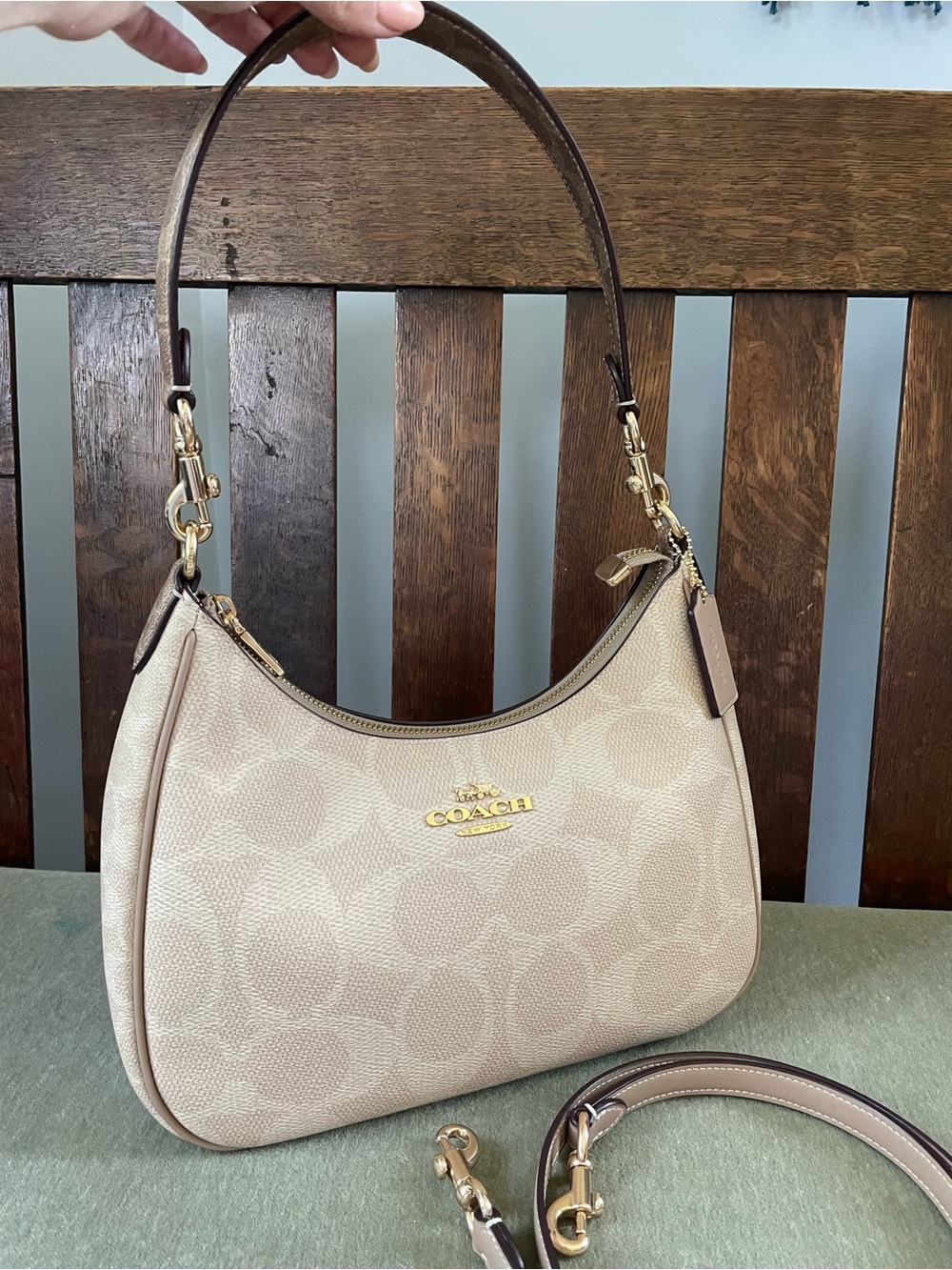 COACH Teri Hobo Signature canvas in sand / tan with gold hardware / CAA69